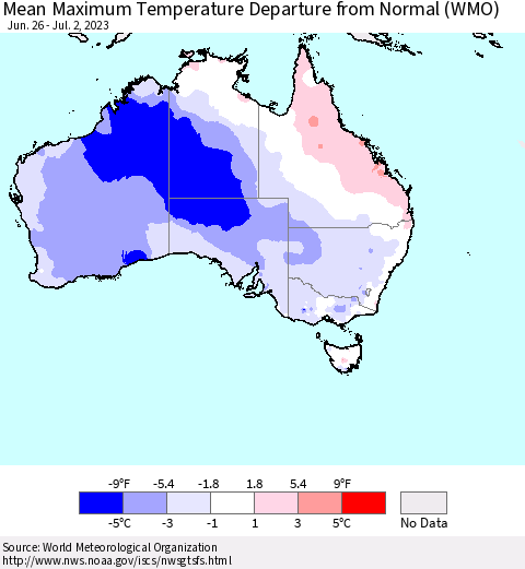 Australia Mean Maximum Temperature Departure from Normal (WMO) Thematic Map For 6/26/2023 - 7/2/2023