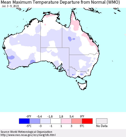 Australia Mean Maximum Temperature Departure from Normal (WMO) Thematic Map For 7/3/2023 - 7/9/2023