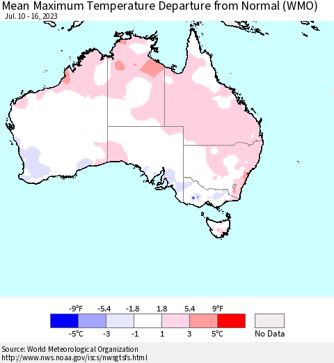 Australia Mean Maximum Temperature Departure from Normal (WMO) Thematic Map For 7/10/2023 - 7/16/2023