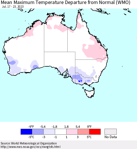 Australia Mean Maximum Temperature Departure from Normal (WMO) Thematic Map For 7/17/2023 - 7/23/2023