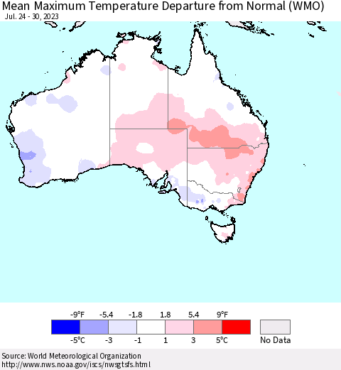 Australia Mean Maximum Temperature Departure from Normal (WMO) Thematic Map For 7/24/2023 - 7/30/2023