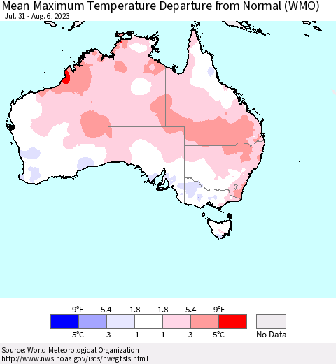 Australia Mean Maximum Temperature Departure from Normal (WMO) Thematic Map For 7/31/2023 - 8/6/2023