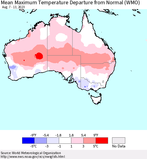 Australia Mean Maximum Temperature Departure from Normal (WMO) Thematic Map For 8/7/2023 - 8/13/2023