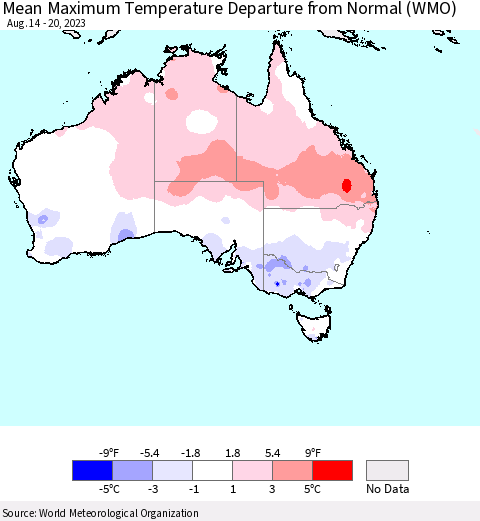 Australia Mean Maximum Temperature Departure from Normal (WMO) Thematic Map For 8/14/2023 - 8/20/2023