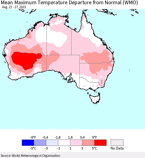 Australia Mean Maximum Temperature Departure from Normal (WMO) Thematic Map For 8/21/2023 - 8/27/2023