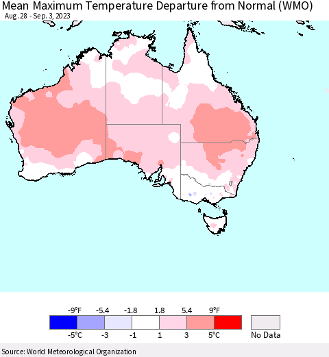 Australia Mean Maximum Temperature Departure from Normal (WMO) Thematic Map For 8/28/2023 - 9/3/2023