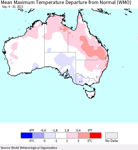 Australia Mean Maximum Temperature Departure from Normal (WMO) Thematic Map For 9/4/2023 - 9/10/2023