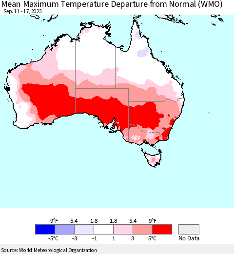 Australia Mean Maximum Temperature Departure from Normal (WMO) Thematic Map For 9/11/2023 - 9/17/2023