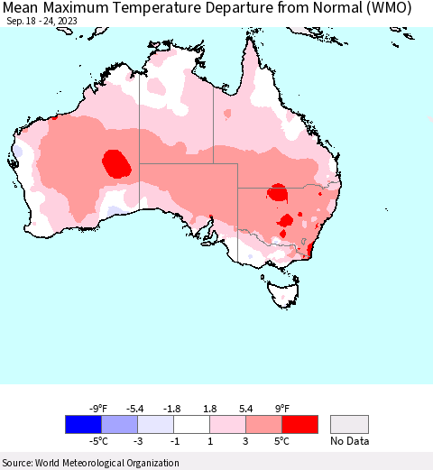 Australia Mean Maximum Temperature Departure from Normal (WMO) Thematic Map For 9/18/2023 - 9/24/2023