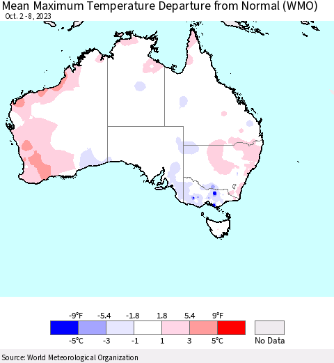 Australia Mean Maximum Temperature Departure from Normal (WMO) Thematic Map For 10/2/2023 - 10/8/2023