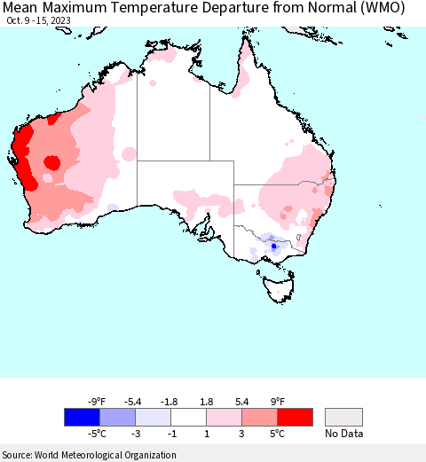 Australia Mean Maximum Temperature Departure from Normal (WMO) Thematic Map For 10/9/2023 - 10/15/2023
