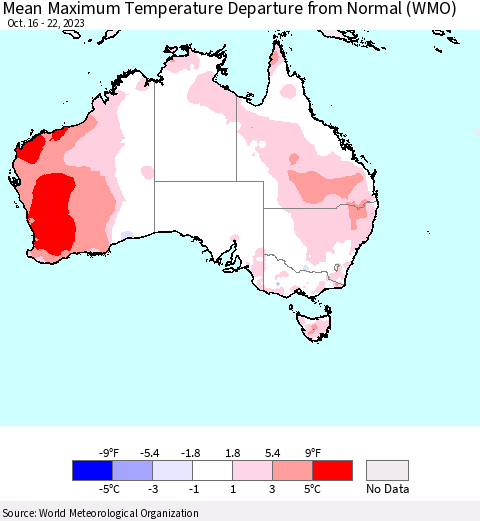 Australia Mean Maximum Temperature Departure from Normal (WMO) Thematic Map For 10/16/2023 - 10/22/2023