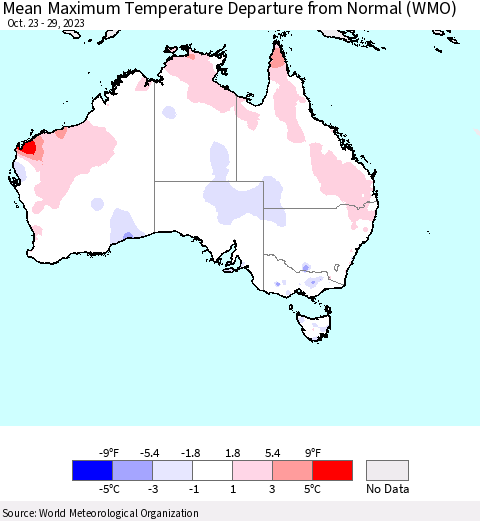 Australia Mean Maximum Temperature Departure from Normal (WMO) Thematic Map For 10/23/2023 - 10/29/2023