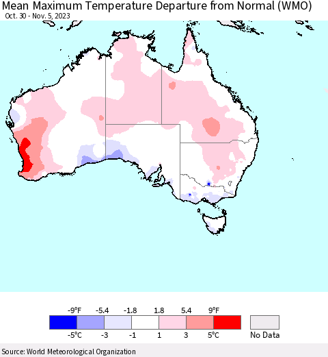 Australia Mean Maximum Temperature Departure from Normal (WMO) Thematic Map For 10/30/2023 - 11/5/2023