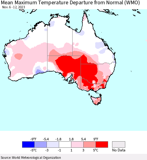 Australia Mean Maximum Temperature Departure from Normal (WMO) Thematic Map For 11/6/2023 - 11/12/2023
