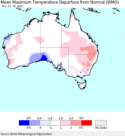 Australia Mean Maximum Temperature Departure from Normal (WMO) Thematic Map For 11/13/2023 - 11/19/2023