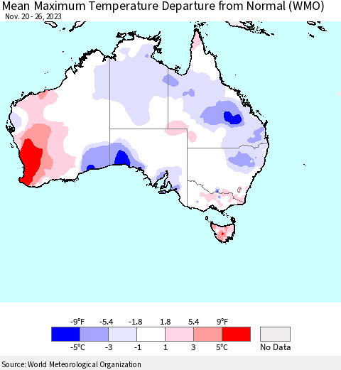 Australia Mean Maximum Temperature Departure from Normal (WMO) Thematic Map For 11/20/2023 - 11/26/2023