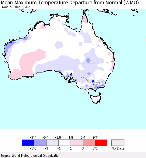 Australia Mean Maximum Temperature Departure from Normal (WMO) Thematic Map For 11/27/2023 - 12/3/2023