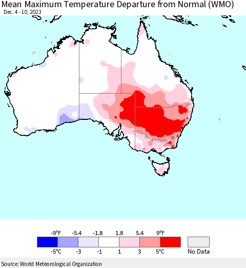 Australia Mean Maximum Temperature Departure from Normal (WMO) Thematic Map For 12/4/2023 - 12/10/2023
