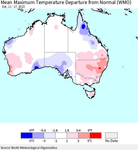 Australia Mean Maximum Temperature Departure from Normal (WMO) Thematic Map For 12/11/2023 - 12/17/2023