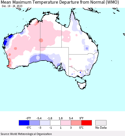 Australia Mean Maximum Temperature Departure from Normal (WMO) Thematic Map For 12/18/2023 - 12/24/2023