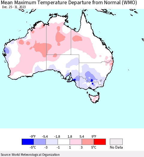 Australia Mean Maximum Temperature Departure from Normal (WMO) Thematic Map For 12/25/2023 - 12/31/2023