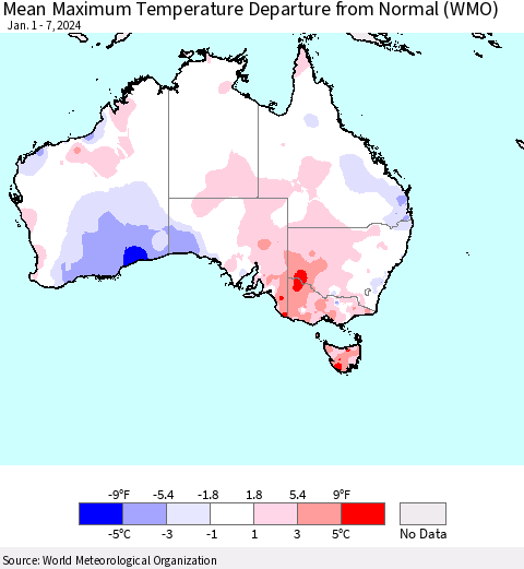 Australia Mean Maximum Temperature Departure from Normal (WMO) Thematic Map For 1/1/2024 - 1/7/2024
