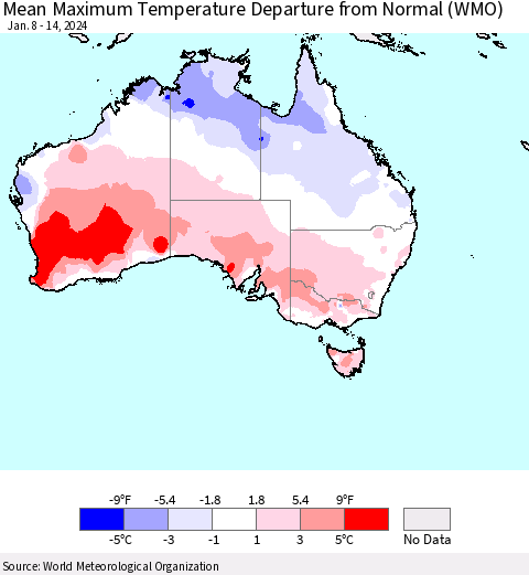 Australia Mean Maximum Temperature Departure from Normal (WMO) Thematic Map For 1/8/2024 - 1/14/2024