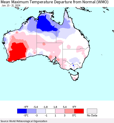 Australia Mean Maximum Temperature Departure from Normal (WMO) Thematic Map For 1/15/2024 - 1/21/2024