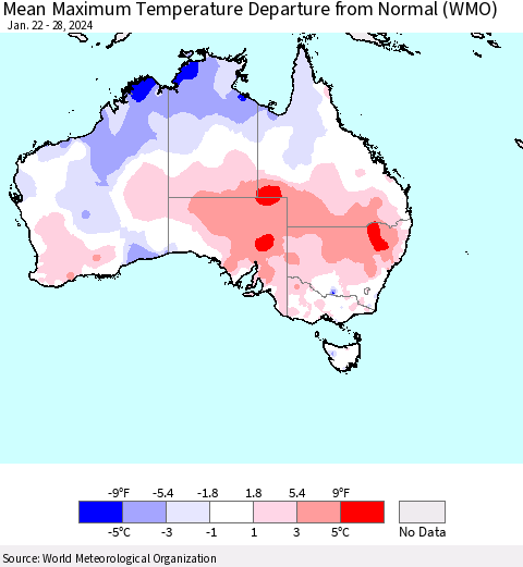 Australia Mean Maximum Temperature Departure from Normal (WMO) Thematic Map For 1/22/2024 - 1/28/2024