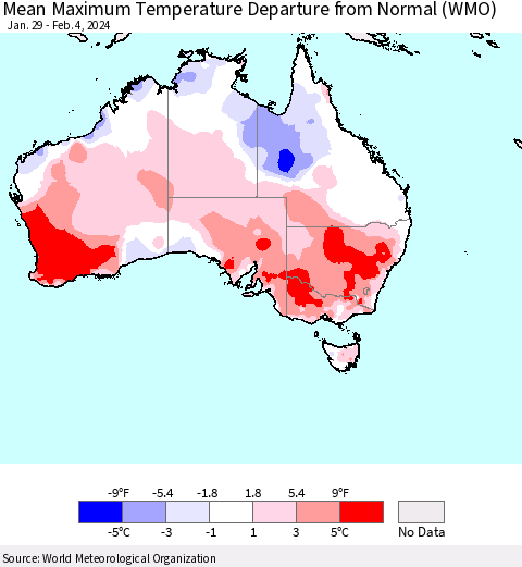 Australia Mean Maximum Temperature Departure from Normal (WMO) Thematic Map For 1/29/2024 - 2/4/2024