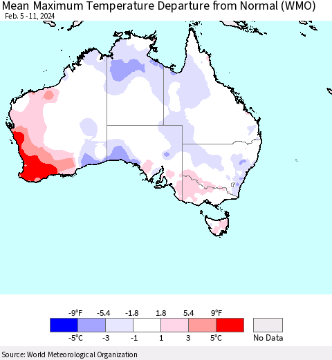 Australia Mean Maximum Temperature Departure from Normal (WMO) Thematic Map For 2/5/2024 - 2/11/2024