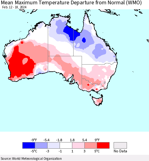 Australia Mean Maximum Temperature Departure from Normal (WMO) Thematic Map For 2/12/2024 - 2/18/2024