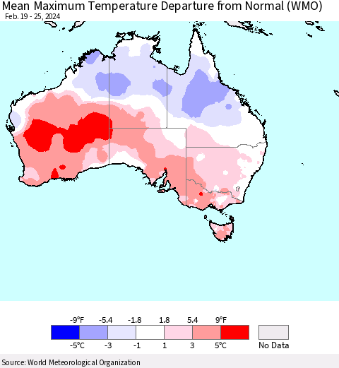 Australia Mean Maximum Temperature Departure from Normal (WMO) Thematic Map For 2/19/2024 - 2/25/2024