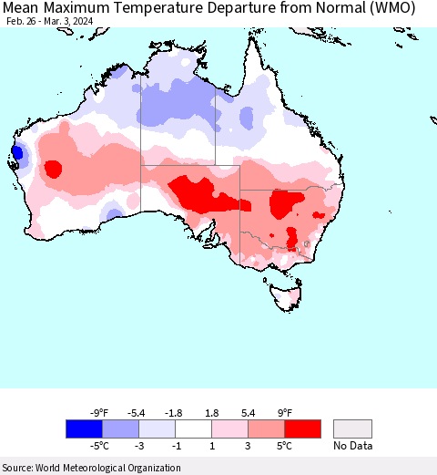 Australia Mean Maximum Temperature Departure from Normal (WMO) Thematic Map For 2/26/2024 - 3/3/2024