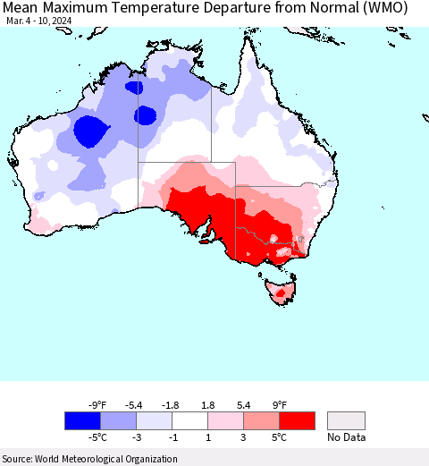 Australia Mean Maximum Temperature Departure from Normal (WMO) Thematic Map For 3/4/2024 - 3/10/2024