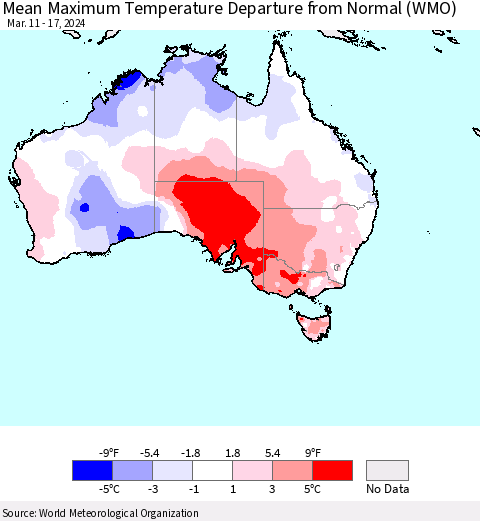 Australia Mean Maximum Temperature Departure from Normal (WMO) Thematic Map For 3/11/2024 - 3/17/2024