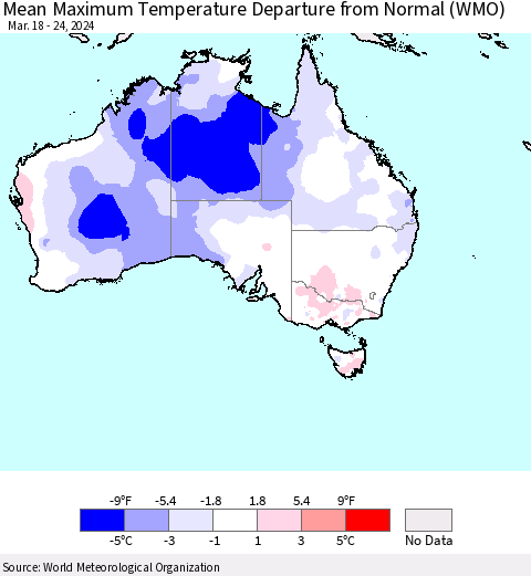 Australia Mean Maximum Temperature Departure from Normal (WMO) Thematic Map For 3/18/2024 - 3/24/2024