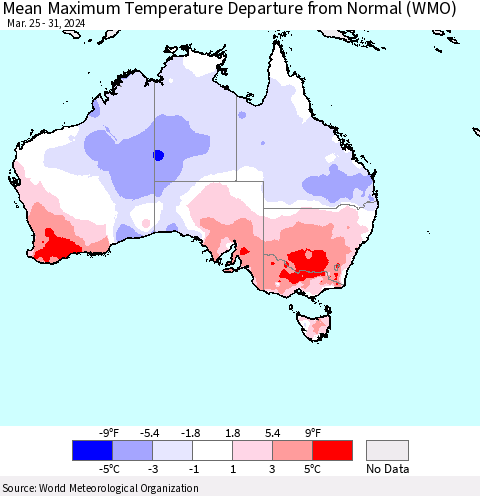 Australia Mean Maximum Temperature Departure from Normal (WMO) Thematic Map For 3/25/2024 - 3/31/2024