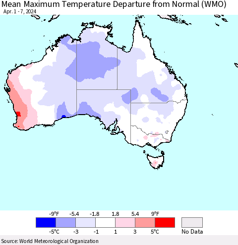 Australia Mean Maximum Temperature Departure from Normal (WMO) Thematic Map For 4/1/2024 - 4/7/2024