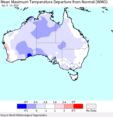 Australia Mean Maximum Temperature Departure from Normal (WMO) Thematic Map For 4/8/2024 - 4/14/2024