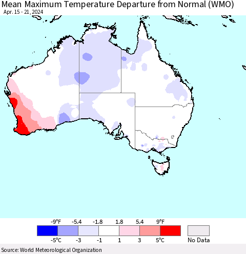 Australia Mean Maximum Temperature Departure from Normal (WMO) Thematic Map For 4/15/2024 - 4/21/2024