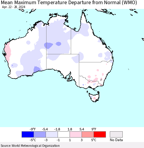 Australia Mean Maximum Temperature Departure from Normal (WMO) Thematic Map For 4/22/2024 - 4/28/2024