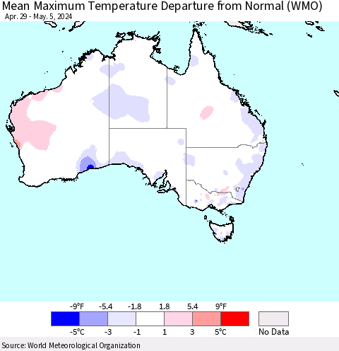 Australia Mean Maximum Temperature Departure from Normal (WMO) Thematic Map For 4/29/2024 - 5/5/2024