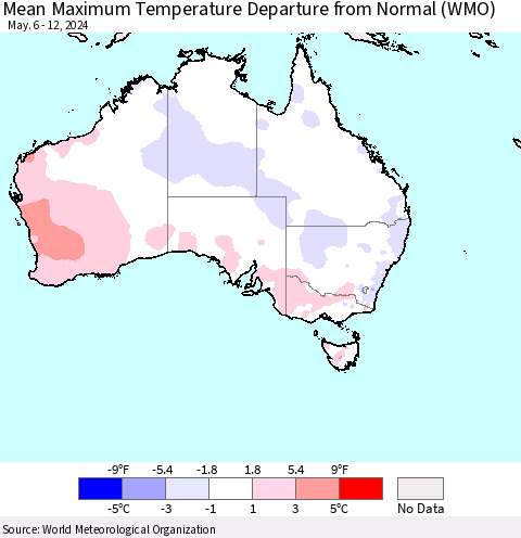 Australia Mean Maximum Temperature Departure from Normal (WMO) Thematic Map For 5/6/2024 - 5/12/2024