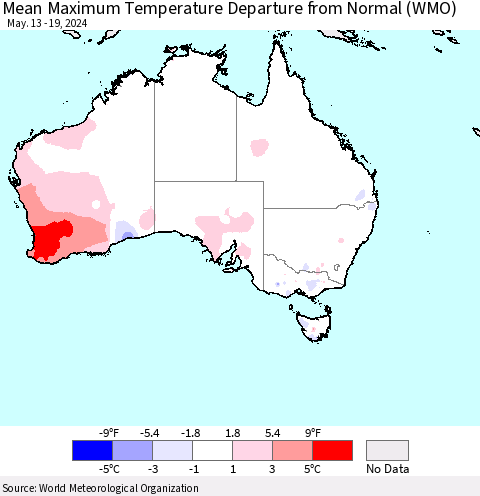 Australia Mean Maximum Temperature Departure from Normal (WMO) Thematic Map For 5/13/2024 - 5/19/2024
