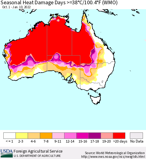 Australia Seasonal Heat Damage Days >=38°C/100°F (WMO) Thematic Map For 10/1/2021 - 1/10/2022