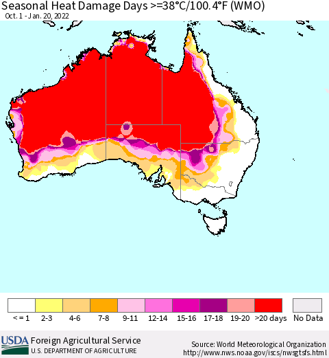 Australia Seasonal Heat Damage Days >=38°C/100°F (WMO) Thematic Map For 10/1/2021 - 1/20/2022