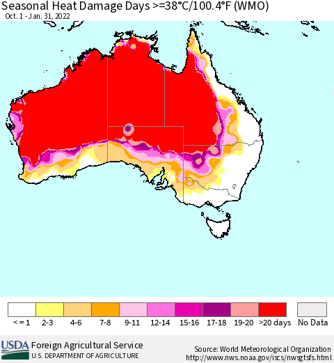 Australia Seasonal Heat Damage Days >=38°C/100°F (WMO) Thematic Map For 10/1/2021 - 1/31/2022