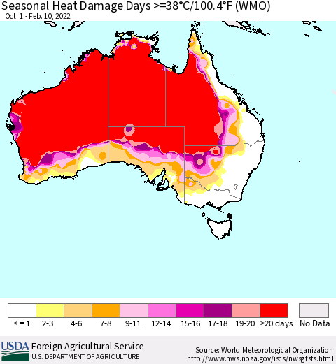Australia Seasonal Heat Damage Days >=38°C/100°F (WMO) Thematic Map For 10/1/2021 - 2/10/2022